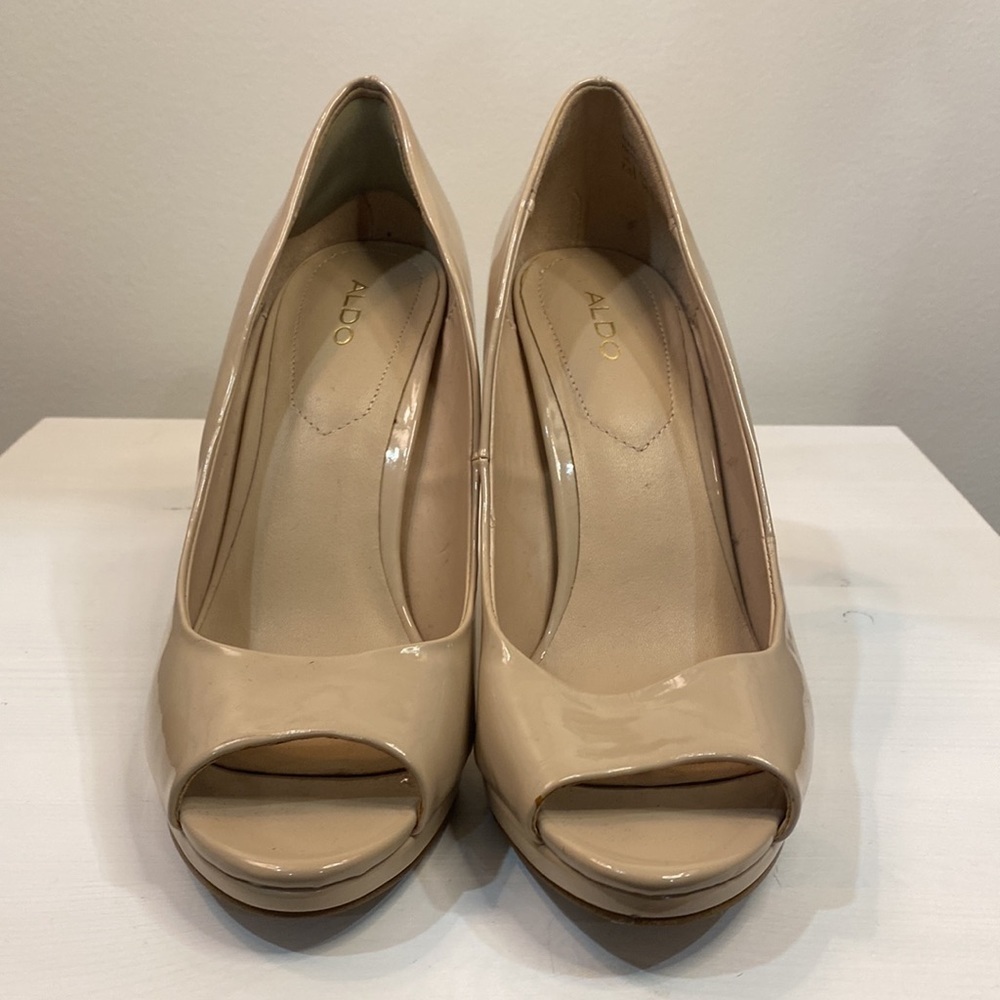 Shiny Nude Peep Toe Heels - Picture 5 of 15